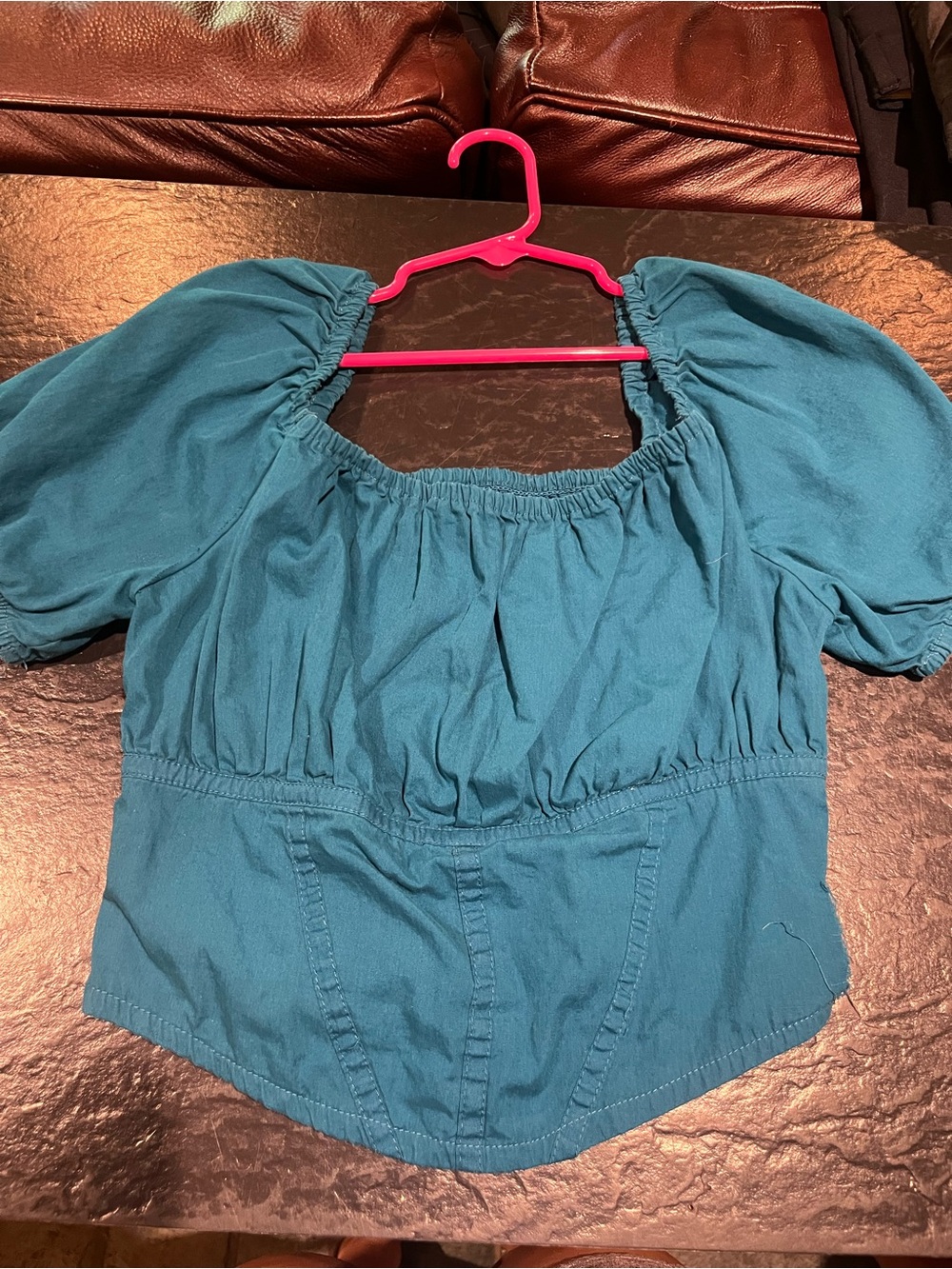 Teal Puff-Sleeve Square Neck Women's Top